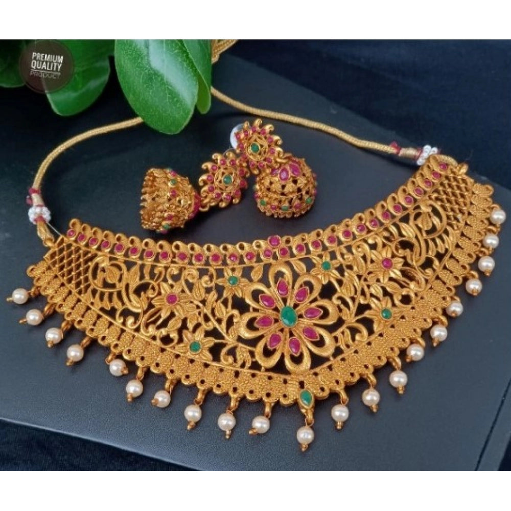 Generic Women's Elegent Temple Chokwer Set With Earrings (Red And Green, Free Size)