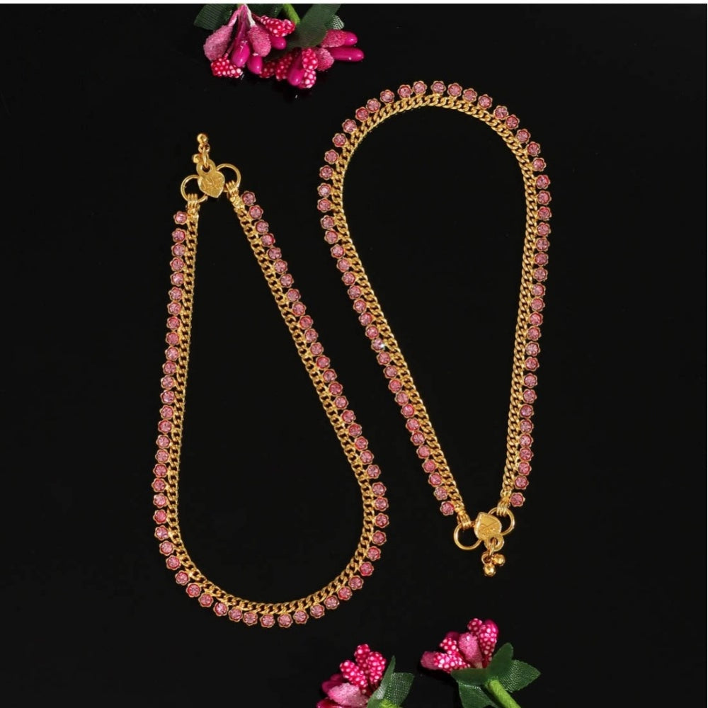 Generic Women's Pink Color Rhinestone Anklets (Free Size: Upto 10")