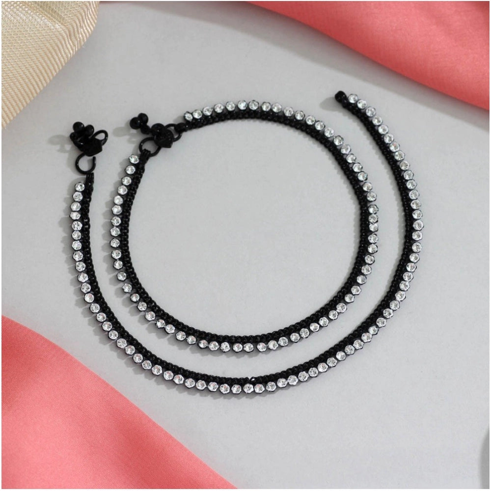 Generic Women's Black Color Rhinestone Anklets (Free Size: Upto 10")