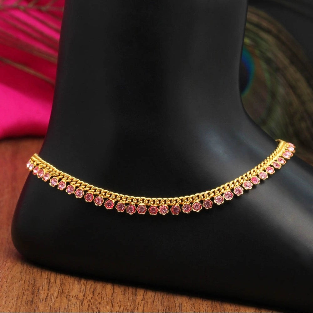 Generic Women's Pink Color Rhinestone Anklets (Free Size: Upto 10")