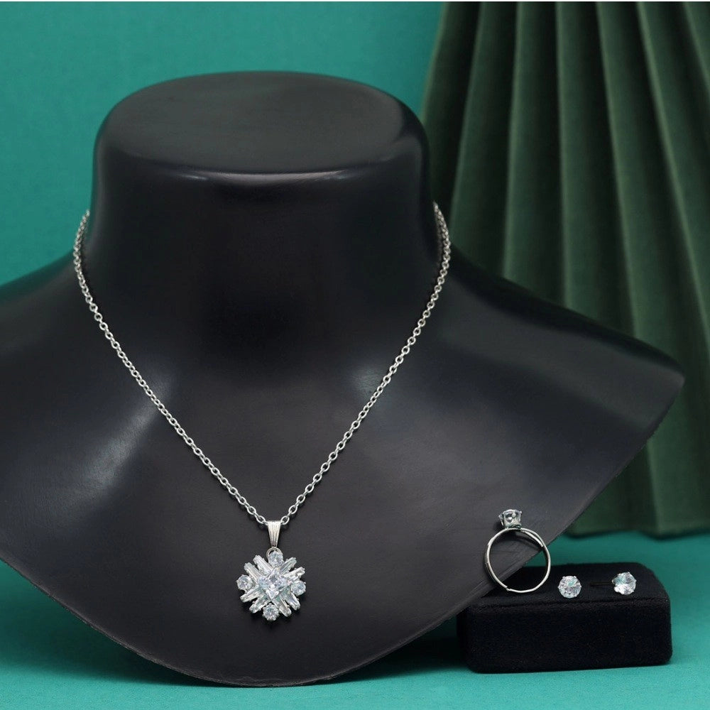 Generic Women's Silver Color Stone Locket Pendant Set Adjustable Ring