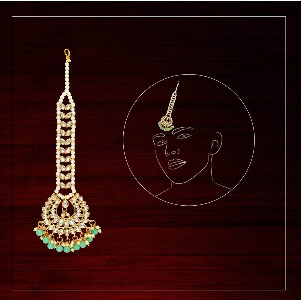 Generic Women's Rama Green Color Imitation Pearl &amp; Kundan Maang Tikka