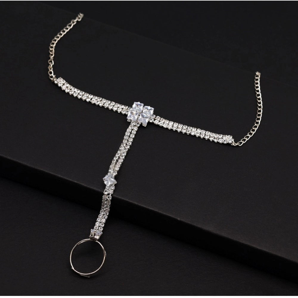Generic Women's White Color Rhinestone Hathphool Adjustable Bracelet