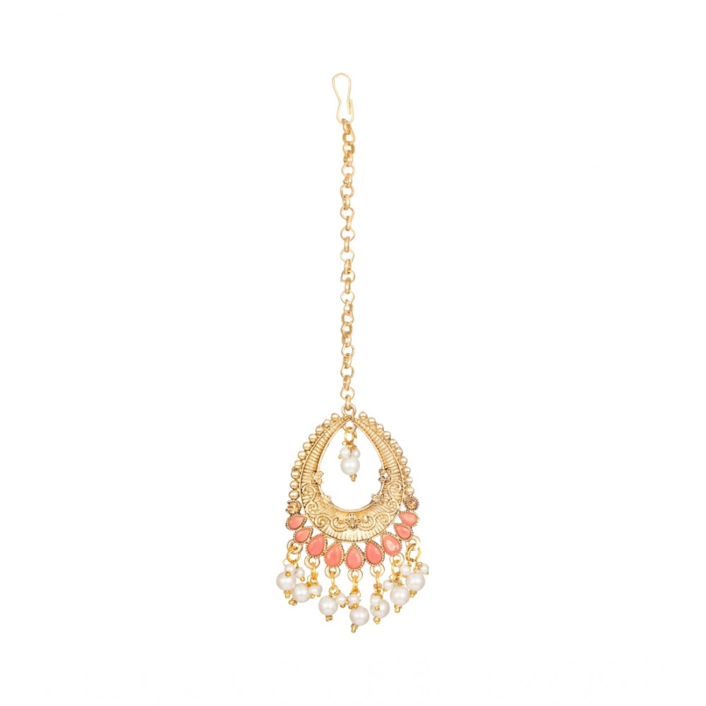 Generic Women's Rose Gold Plated Alloy Kundan Earrings &amp; Mangtikka (Pink)