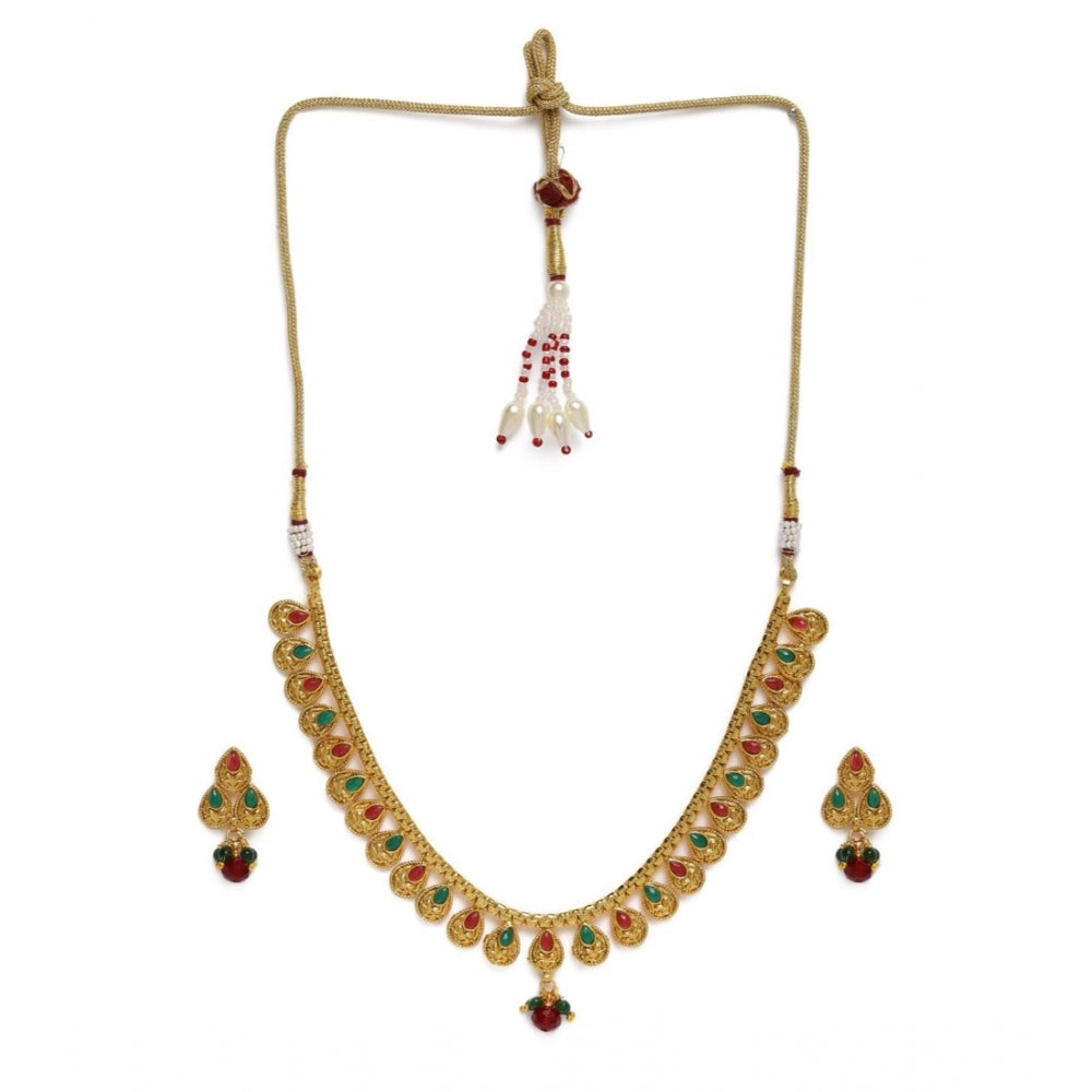 Generic Women's Rose Gold Plated Alloy Necklace &amp; Earings Set (Green &amp; Red)