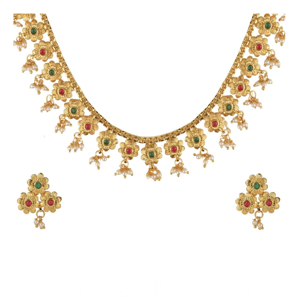 Generic Women's Rose Gold Plated Alloy Necklace &amp; Earings Set (Green &amp; Red)
