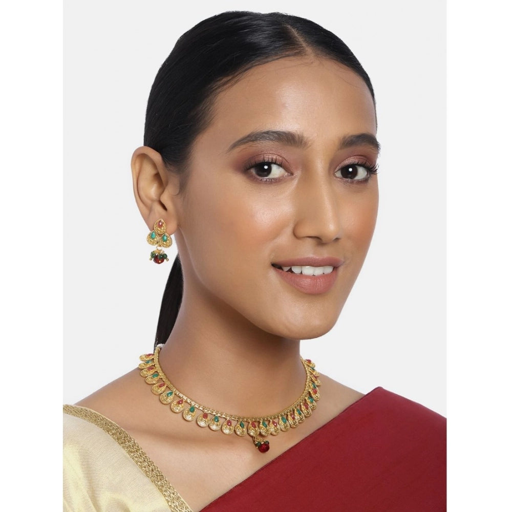 Generic Women's Rose Gold Plated Alloy Necklace &amp; Earings Set (Green &amp; Red)