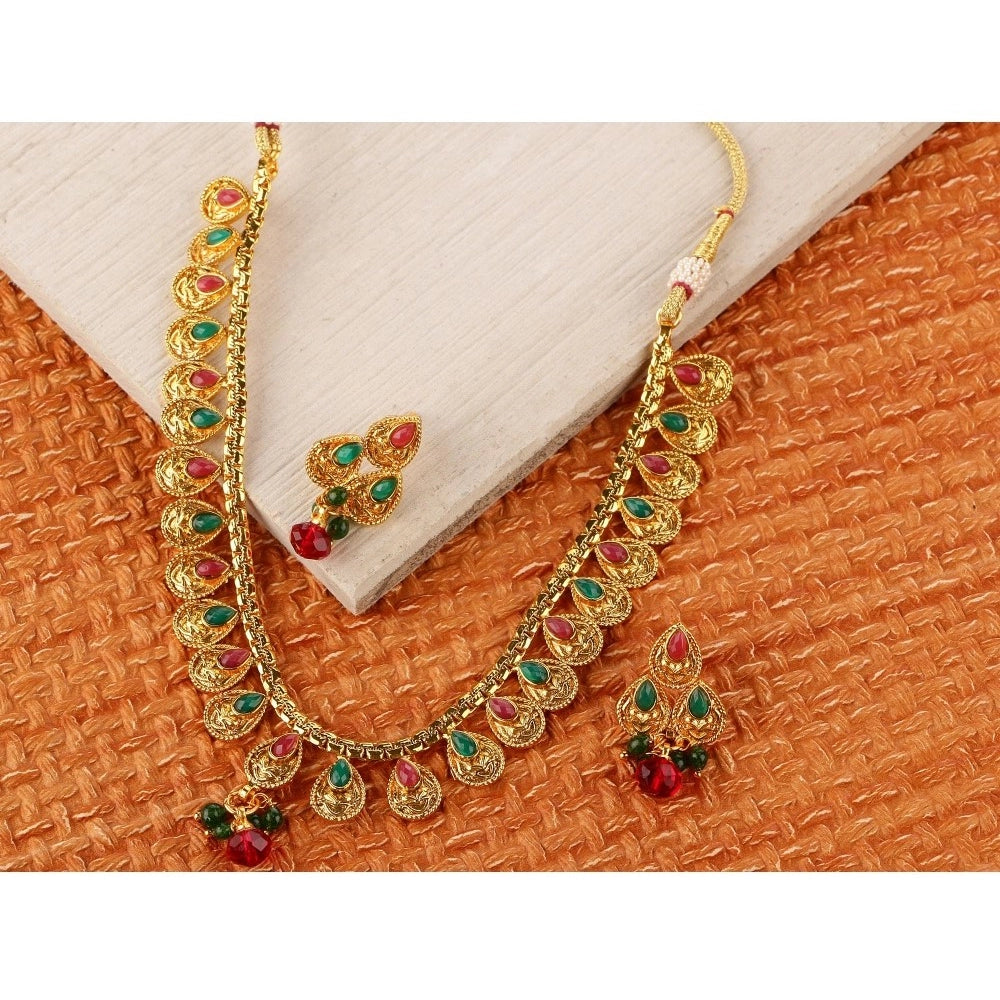 Generic Women's Rose Gold Plated Alloy Necklace &amp; Earings Set (Green &amp; Red)