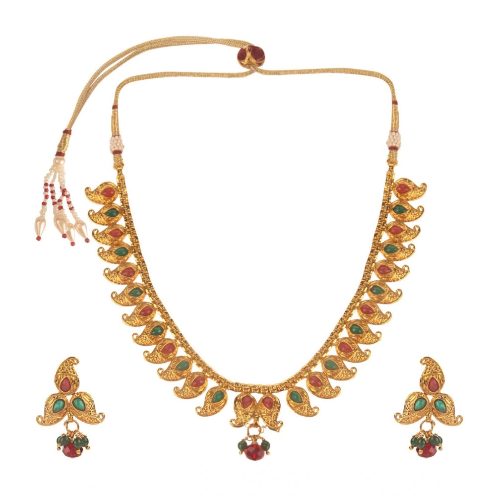 Generic Women's Rose Gold Plated Alloy Necklace &amp; Earings Set (Green &amp; Red)