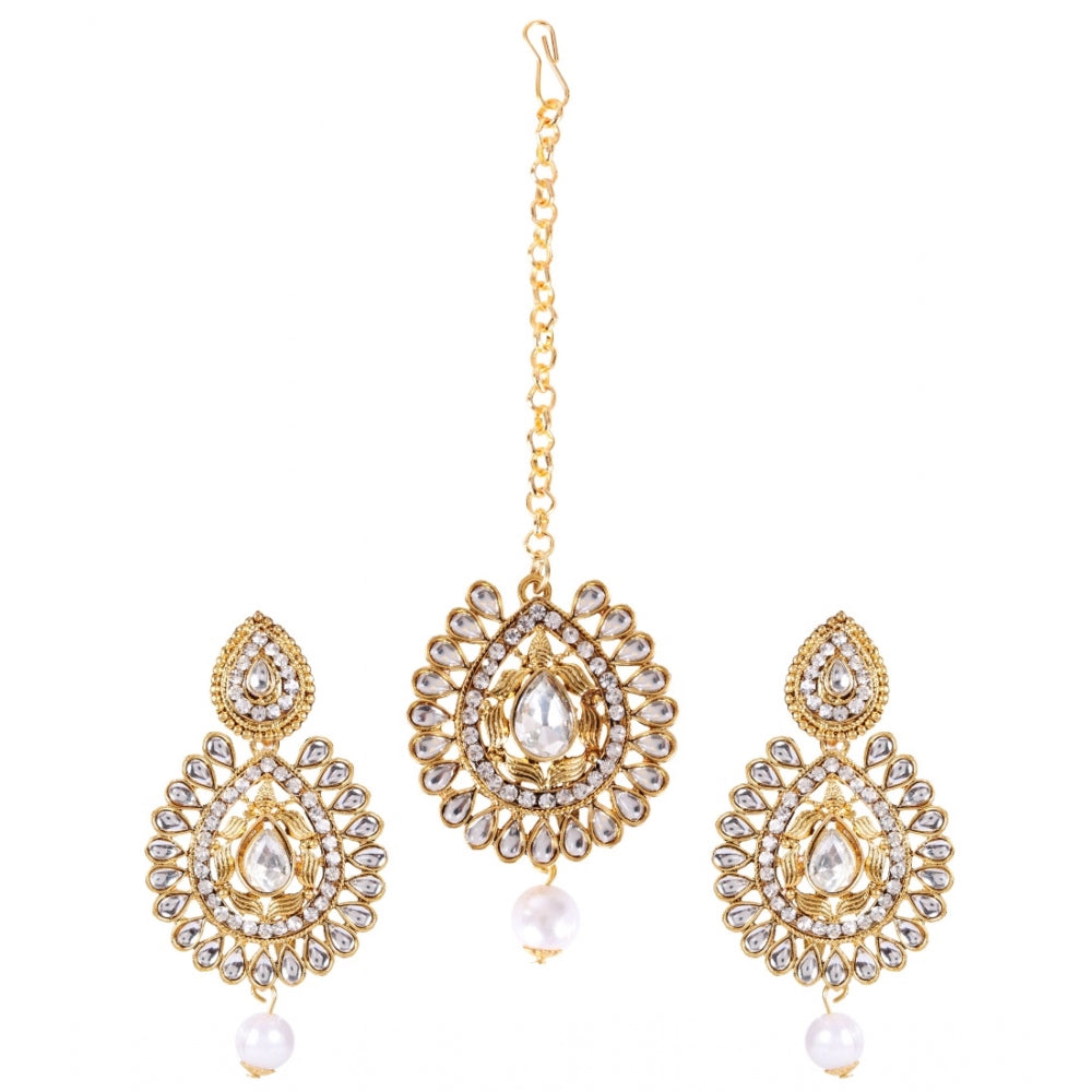 Generic Women's Rose Gold Plated Alloy Kundan Earrings &amp; Mangtikka (White)