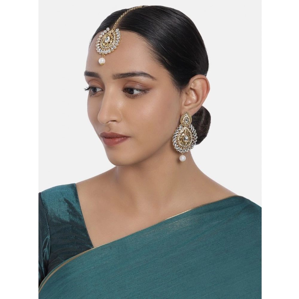 Generic Women's Rose Gold Plated Alloy Kundan Earrings &amp; Mangtikka (White)