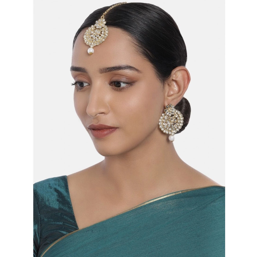 Generic Women's Rose Gold Plated Alloy Kundan Earrings &amp; Mangtikka (White)