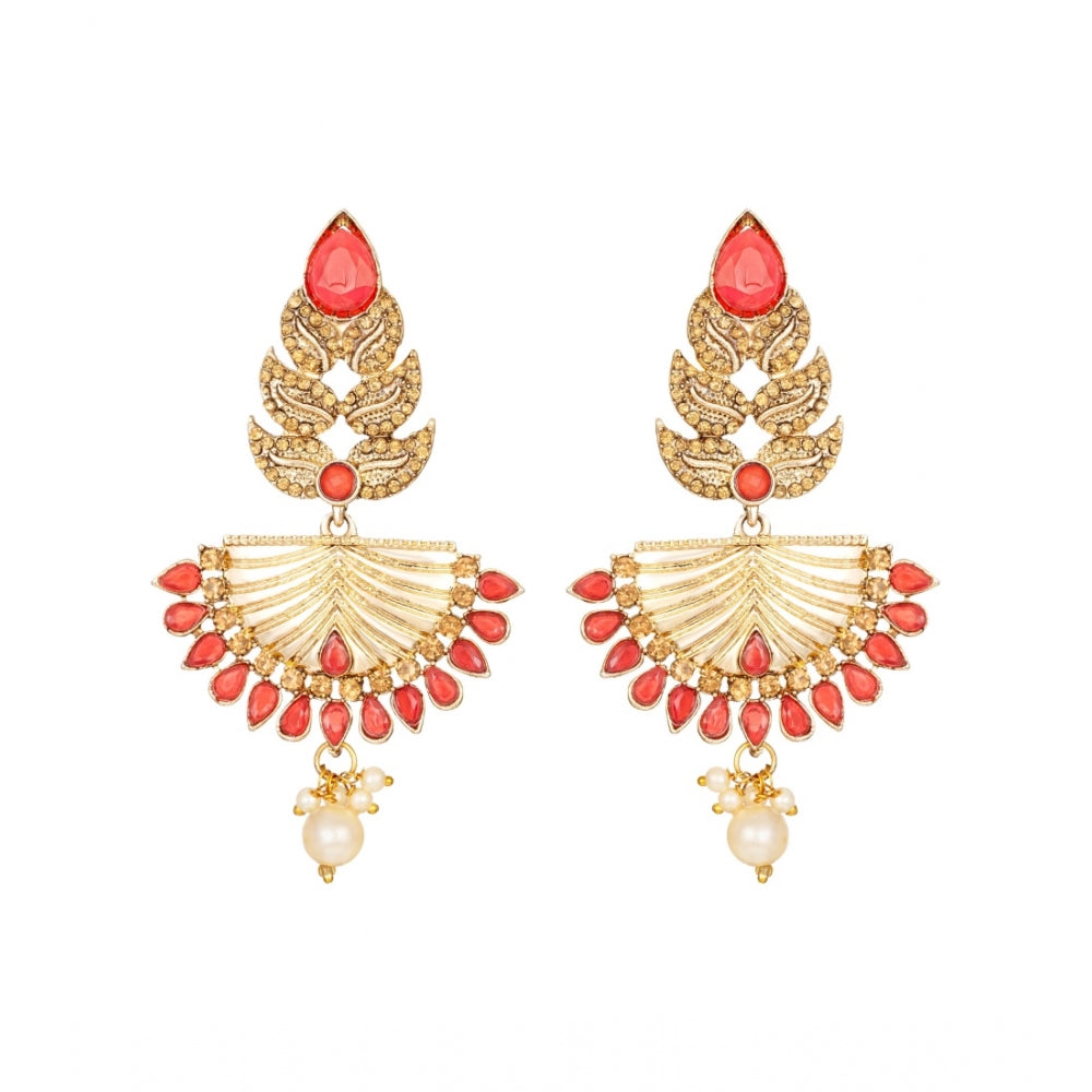 Generic Women's Rose Gold Plated Alloy Kundan Earrings &amp; Mangtikka (Gold &amp; Red)