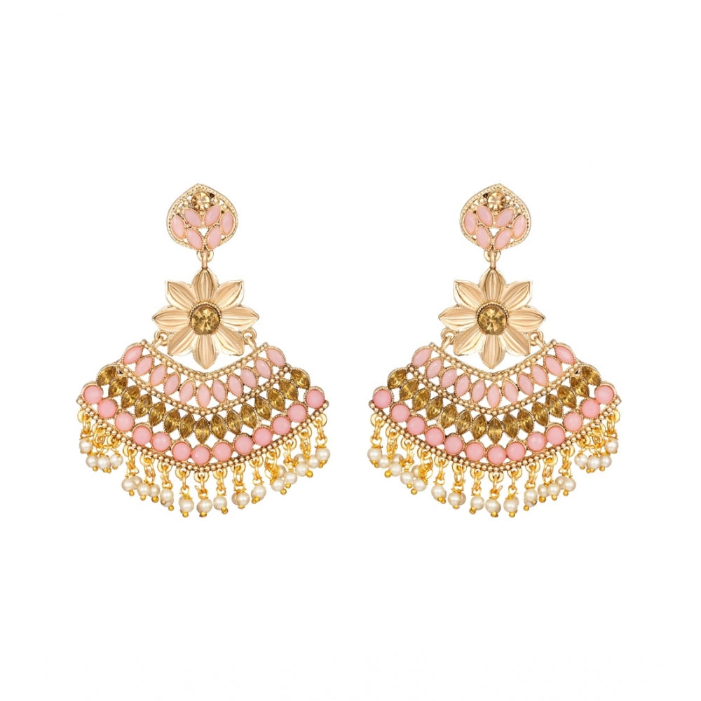Generic Women's Rose Gold Plated Alloy Kundan Earrings &amp; Mangtikka (Pink)