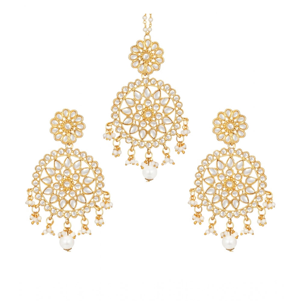 Generic Women's Rose Gold Plated Alloy Kundan Earrings &amp; Mangtikka (White)