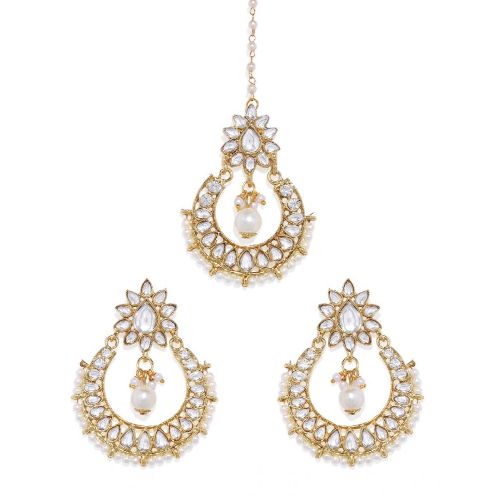 Generic Women's Rose Gold Plated Alloy Kundan Earrings &amp; Mangtikka (White)