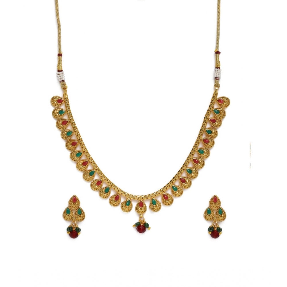 Generic Women's Rose Gold Plated Alloy Necklace &amp; Earings Set (Green &amp; Red)