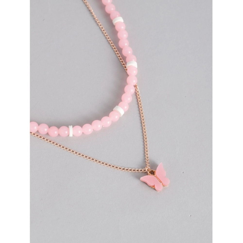Generic Women's Rose Gold Plated Brass Pendant Chain With Beaded Bracelet (Pink)