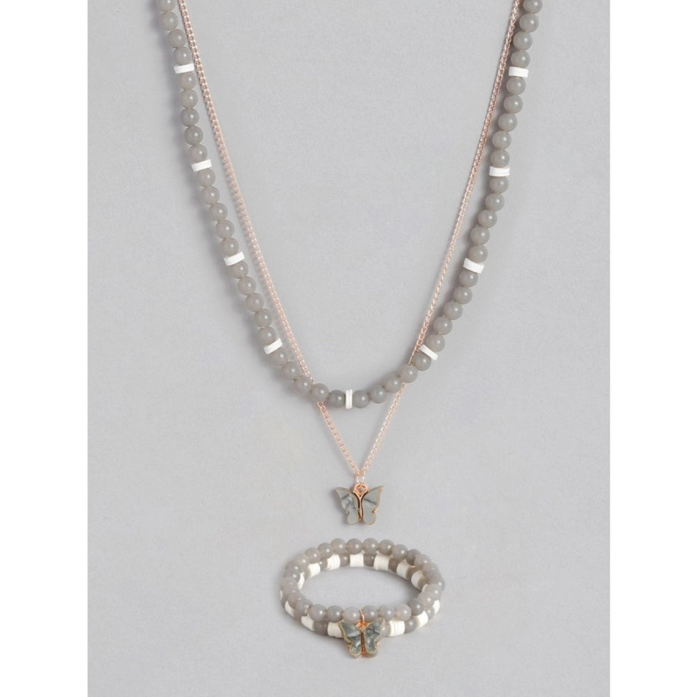Generic Women's Rose Gold Plated Brass Pendant Chain With Beaded Bracelet (Grey)