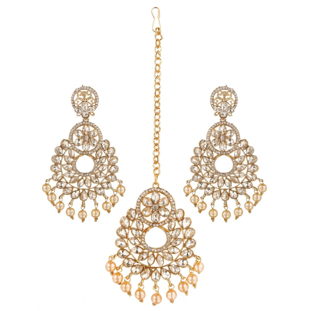 Generic Women's Rose Gold Plated Alloy Kundan Earrings &amp; Mangtikka (White)