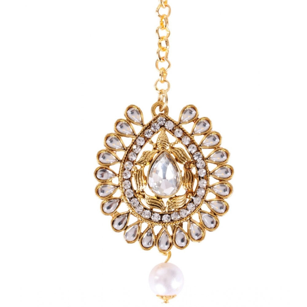 Generic Women's Rose Gold Plated Alloy Kundan Earrings &amp; Mangtikka (White)