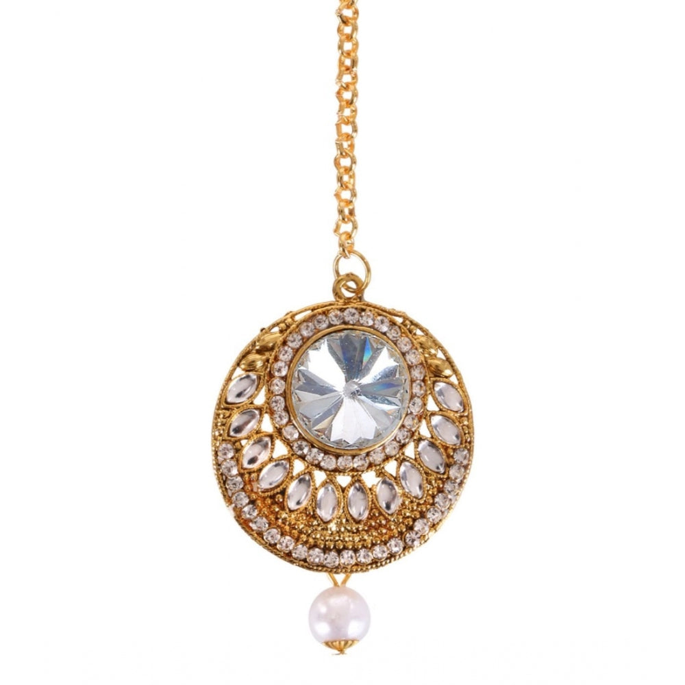 Generic Women's Rose Gold Plated Alloy Kundan Earrings &amp; Mangtikka (White)