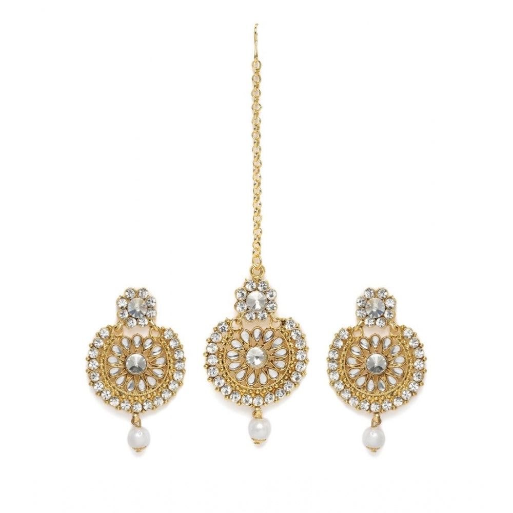 Generic Women's Rose Gold Plated Alloy Kundan Earrings &amp; Mangtikka (White)