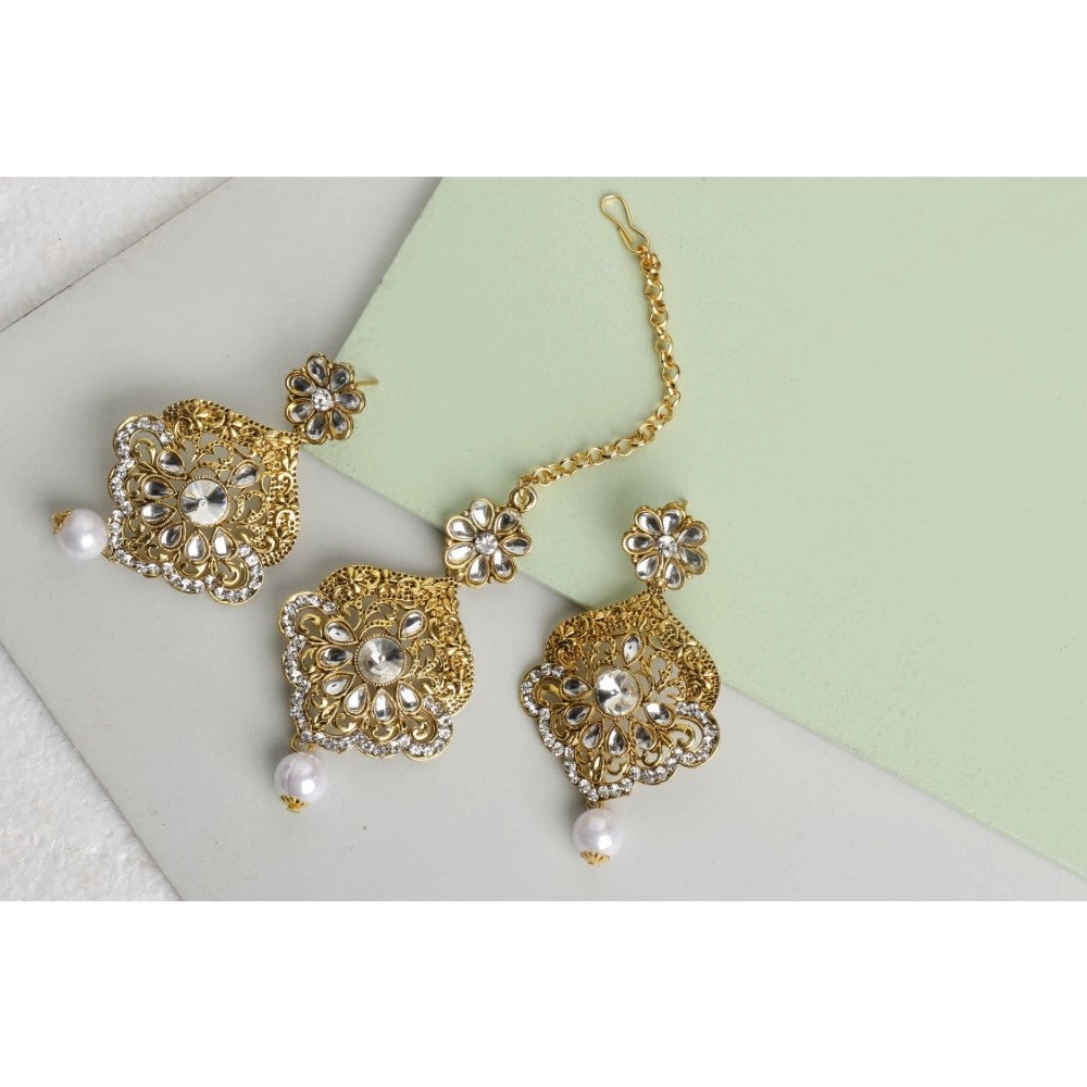 Generic Women's Rose Gold Plated Alloy Kundan Earrings &amp; Mangtikka (White)