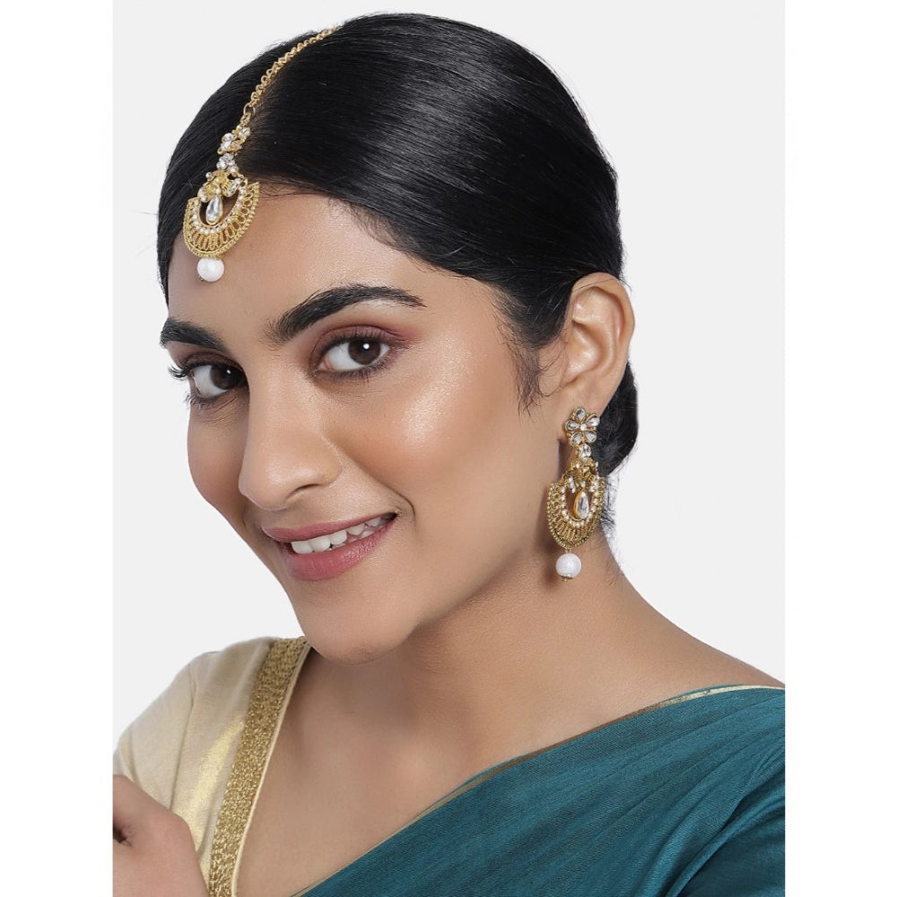 Generic Women's Rose Gold Plated Alloy Kundan Earrings &amp; Mangtikka (White)
