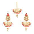 Generic Women's Rose Gold Plated Alloy Kundan Earrings &amp; Mangtikka (Gold &amp; Red)