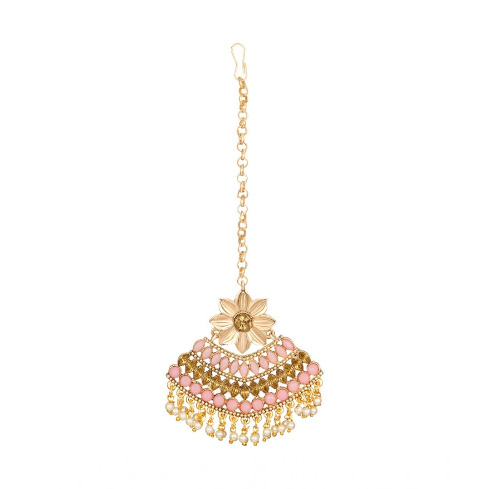 Generic Women's Rose Gold Plated Alloy Kundan Earrings &amp; Mangtikka (Pink)