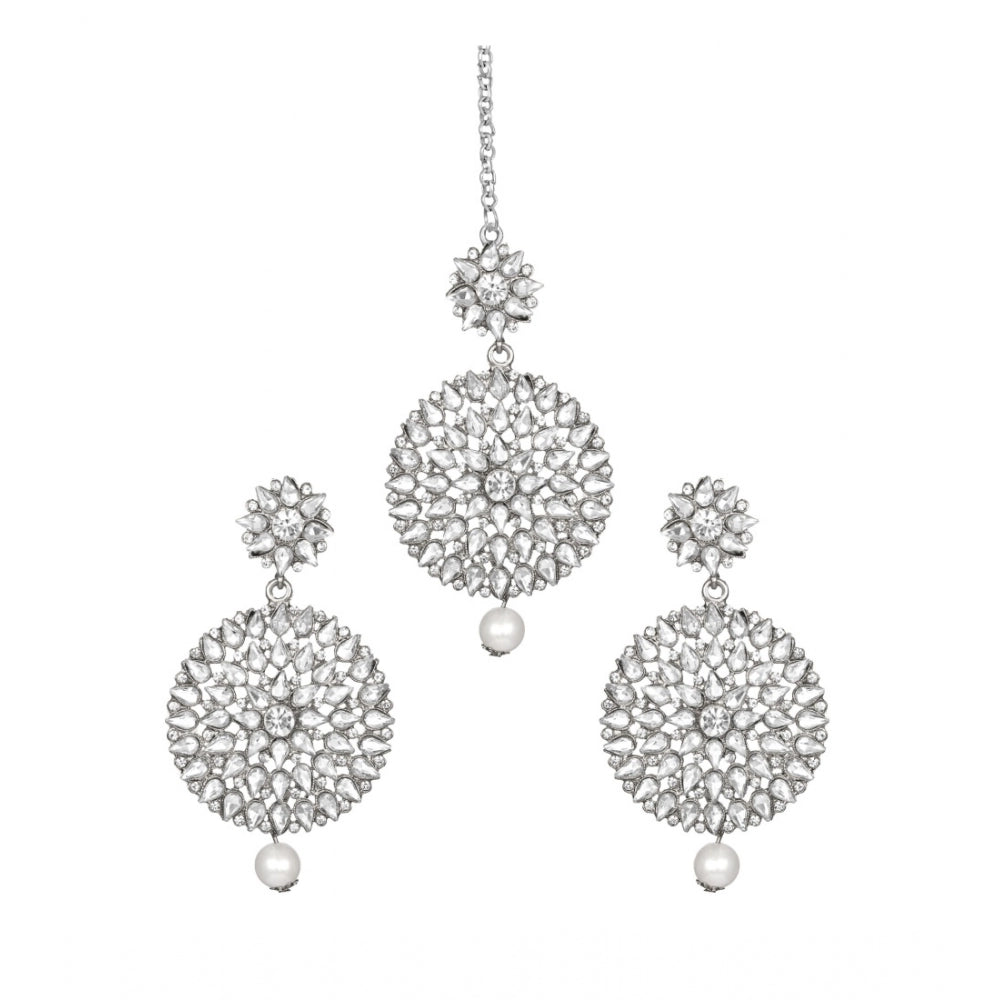 Generic Women's Rose Gold Plated Alloy Kundan Earrings &amp; Mangtikka (White)