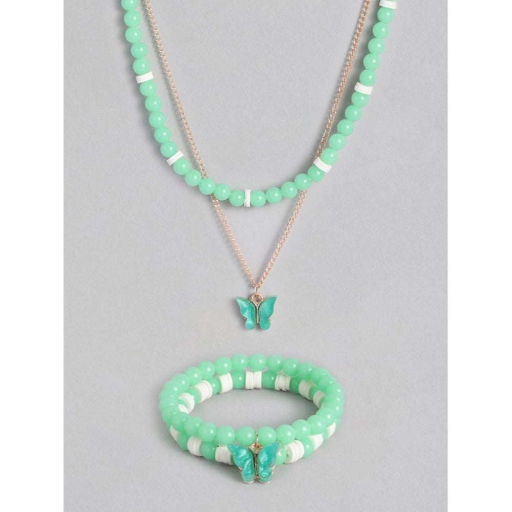 Generic Women's Rose Gold Plated Brass Pendant Chain With Beaded Bracelet (Light Green)
