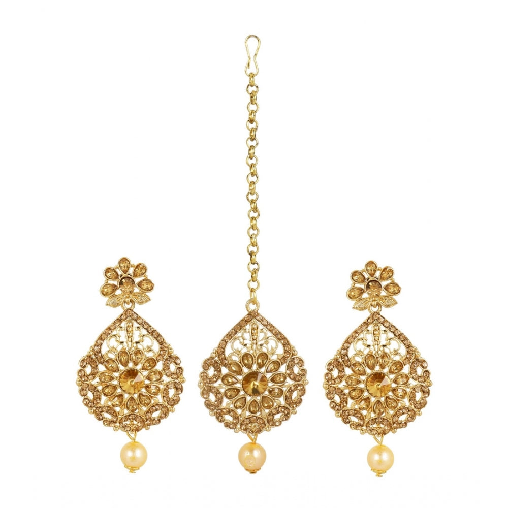Generic Women's Rose Gold Plated Alloy Kundan Earrings &amp; Mangtikka (Gold)