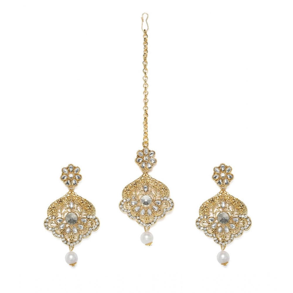 Generic Women's Rose Gold Plated Alloy Kundan Earrings &amp; Mangtikka (White)