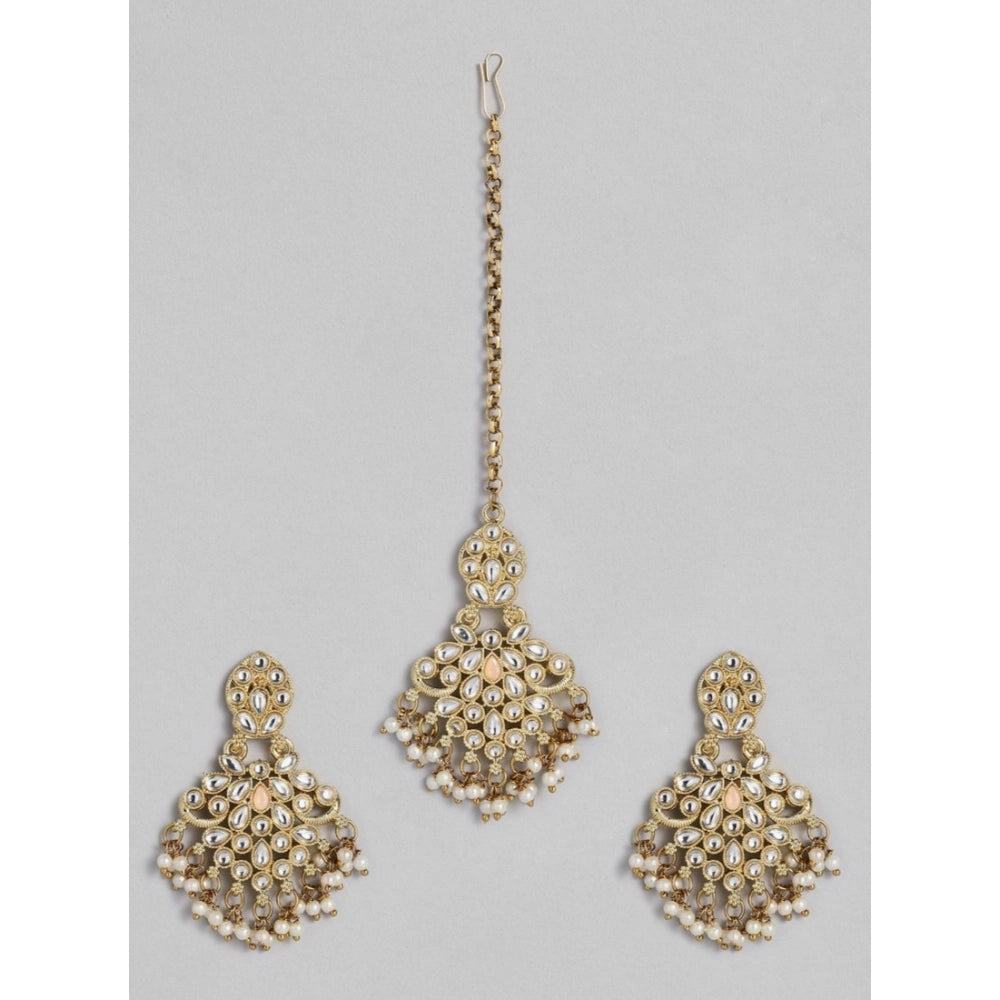 Generic Women's Rose Gold Plated Alloy Kundan Earrings &amp; Mangtikka (White)