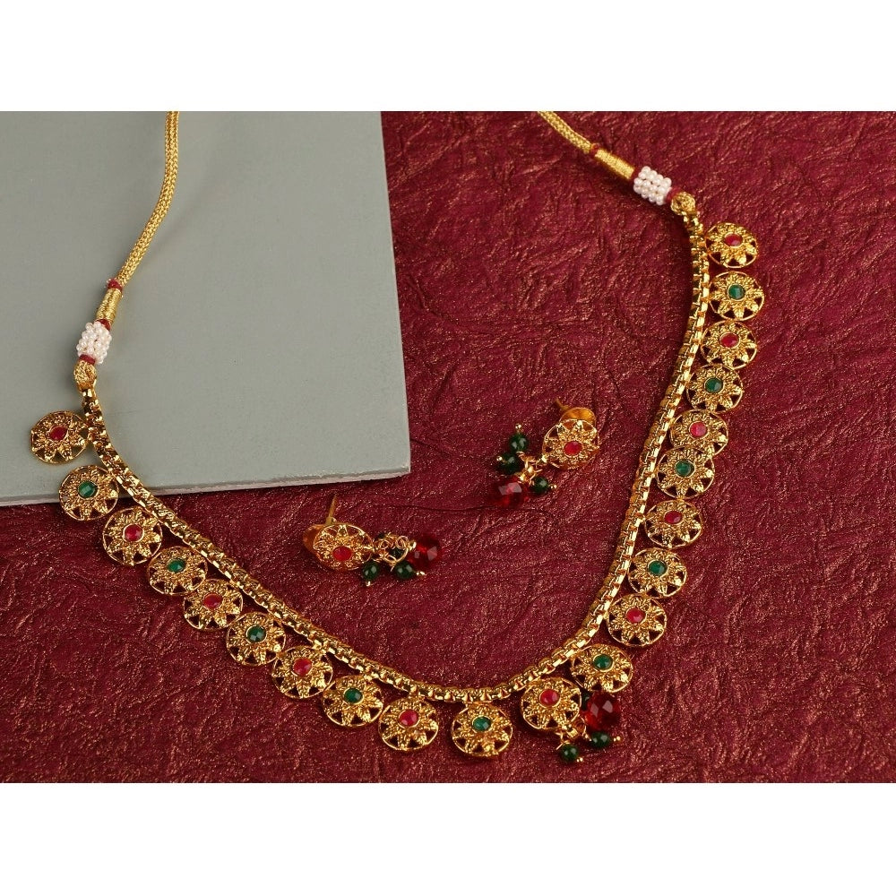 Generic Women's Rose Gold Plated Alloy Necklace &amp; Earings Set (Green &amp; Red)