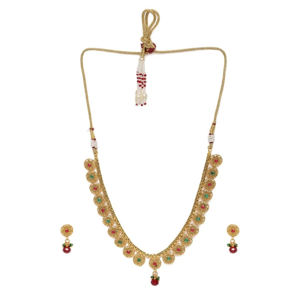 Generic Women's Rose Gold Plated Alloy Necklace &amp; Earings Set (Green &amp; Red)