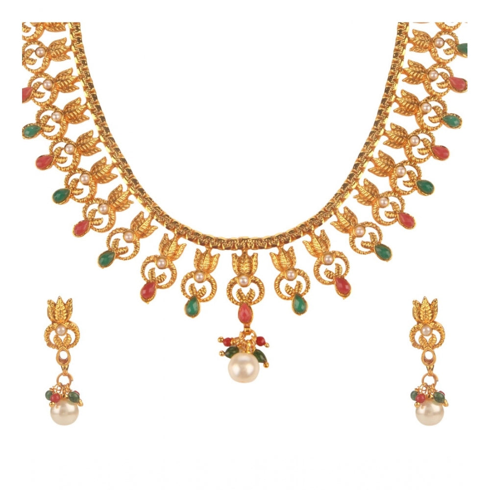 Generic Women's Rose Gold Plated Alloy Necklace &amp; Earings Set (Green &amp; Red)