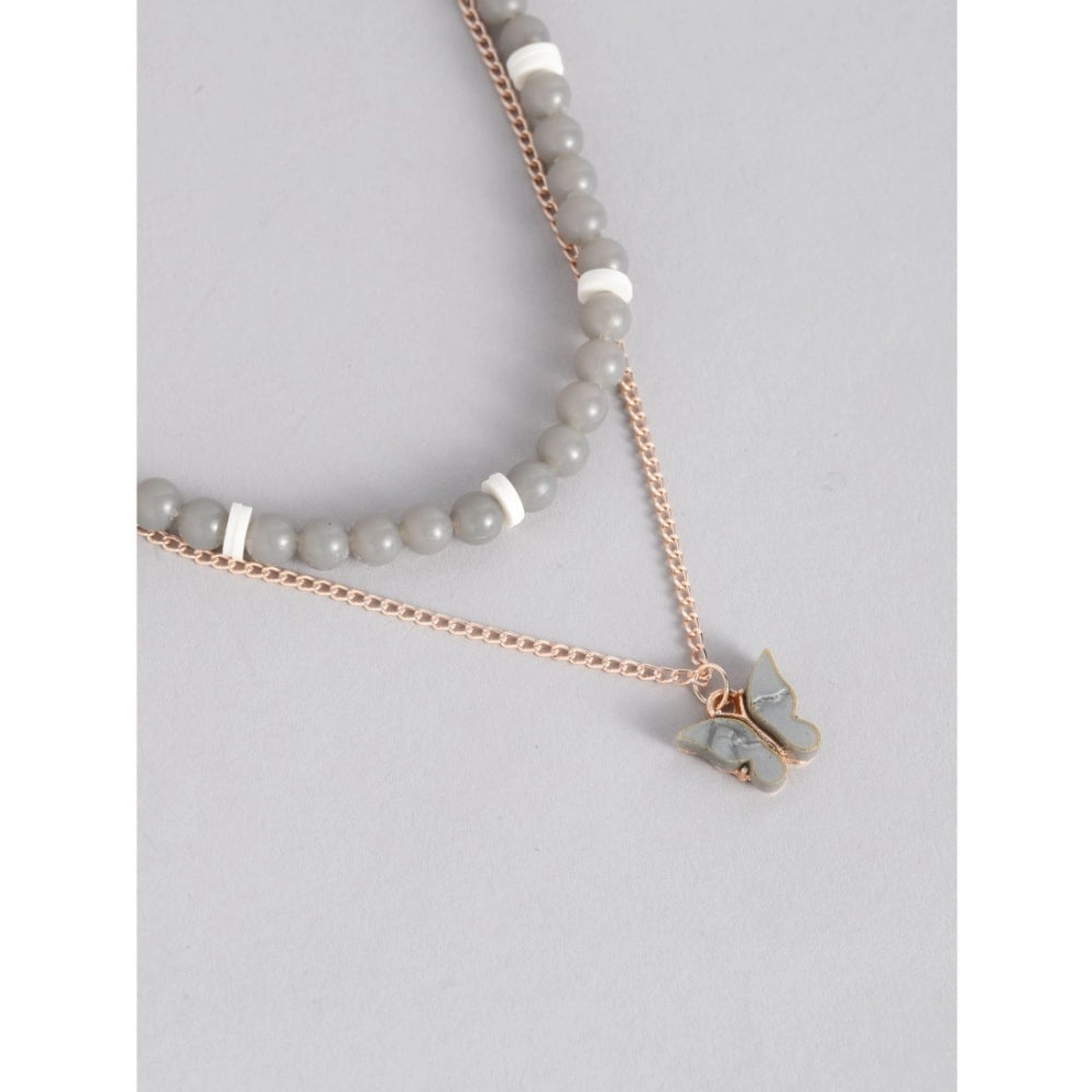 Generic Women's Rose Gold Plated Brass Pendant Chain With Beaded Bracelet (Grey)