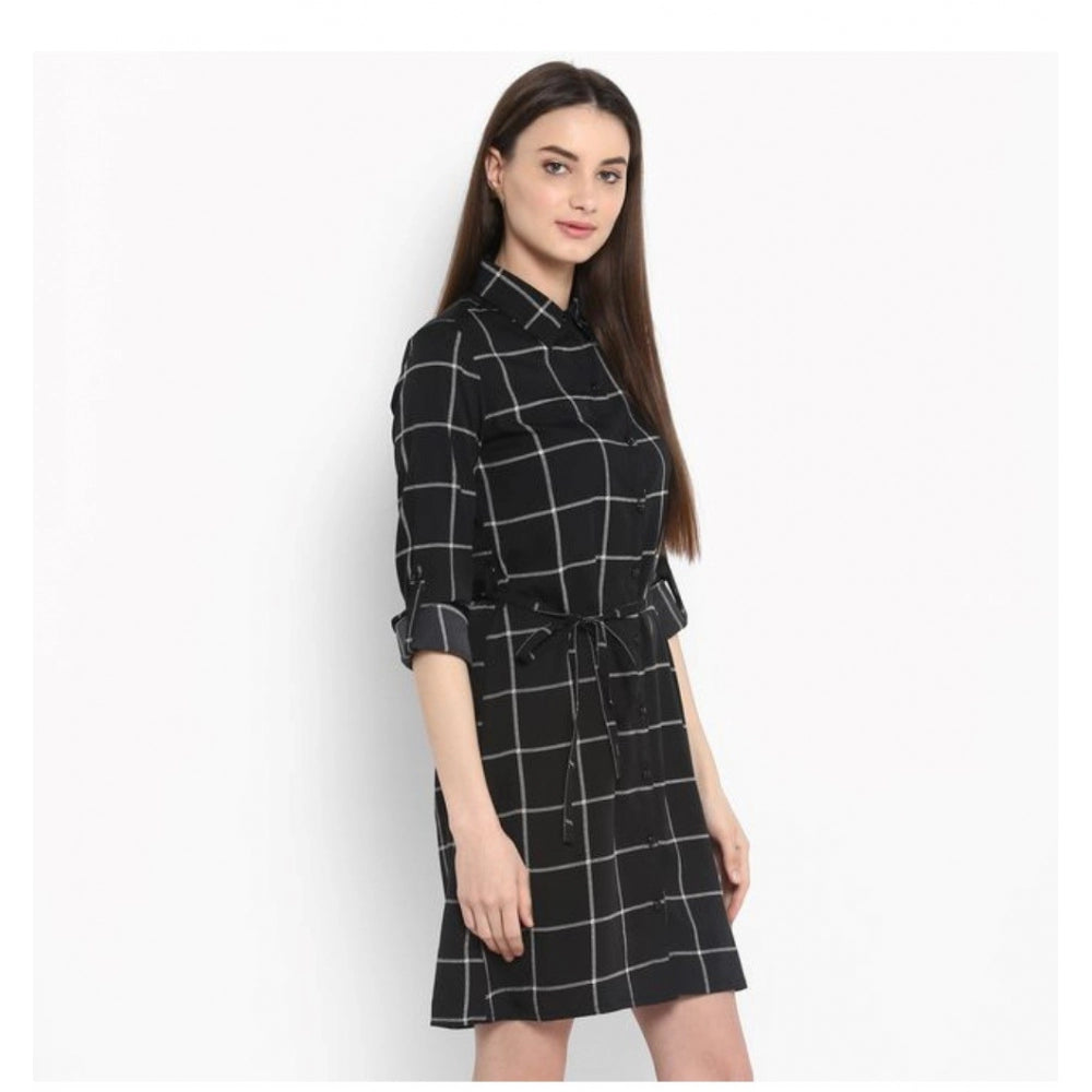Generic Women's Polyester Checkered Roll Up Sleeve Above Knee Dress (Black - White)