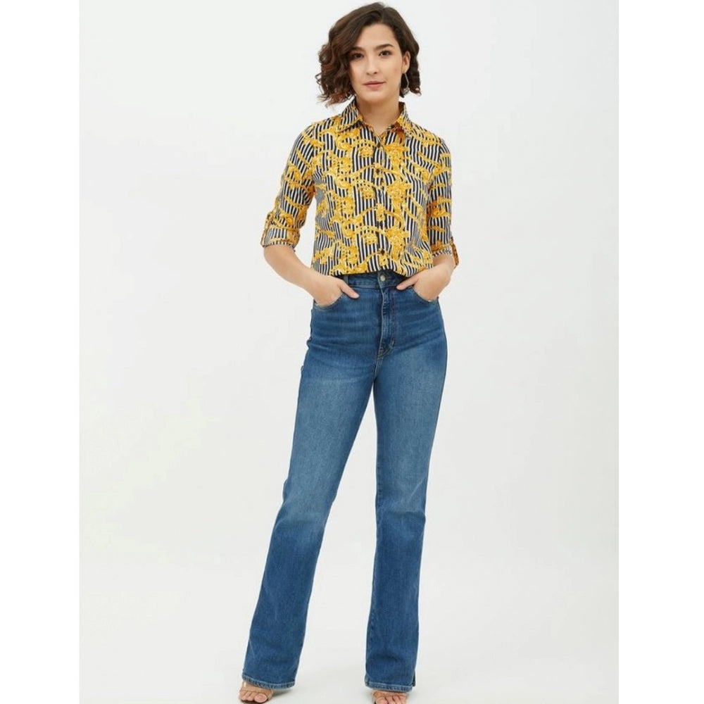 Generic Women's Polyester Printed Roll Up Sleeve Standard Length Shirt (Mustared)