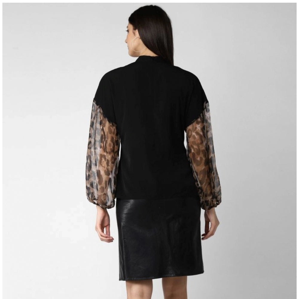 Generic Women's Polyester Animal Print Long Sleeves Top (Black)