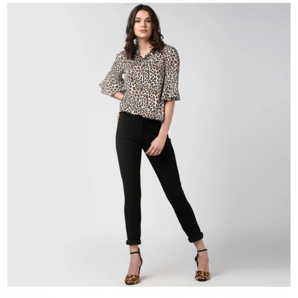 Generic Women's Polyester Animal Print Bell Sleeve Top (Orange - Black)