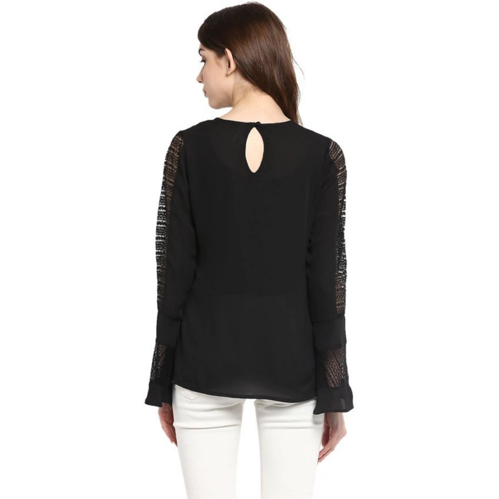 Generic Women's Polyester Georgette Self Design Bell Sleeve Regular Top (Black)
