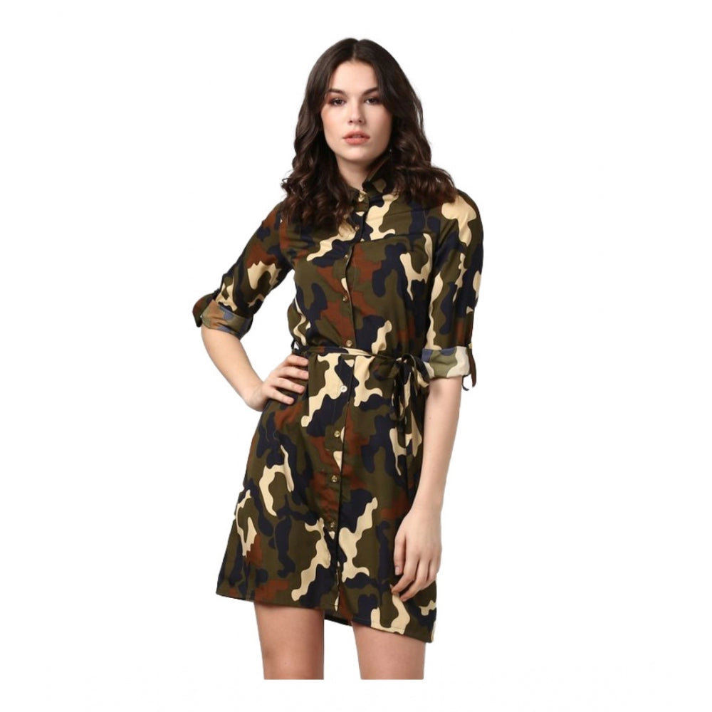 Generic Women's Polyester Printed Roll Up Sleeve Tunic Top (Green - Black)