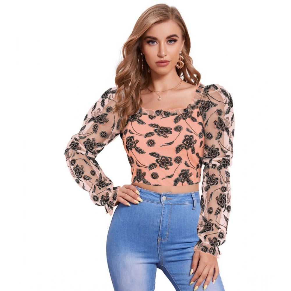 Generic Women's Polyester Solid Full Sleeves Square Collar Top (Peach)