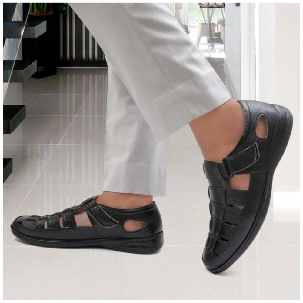 Generic Men's Casual Faux Leather Solid Velcro Sandal (Black)