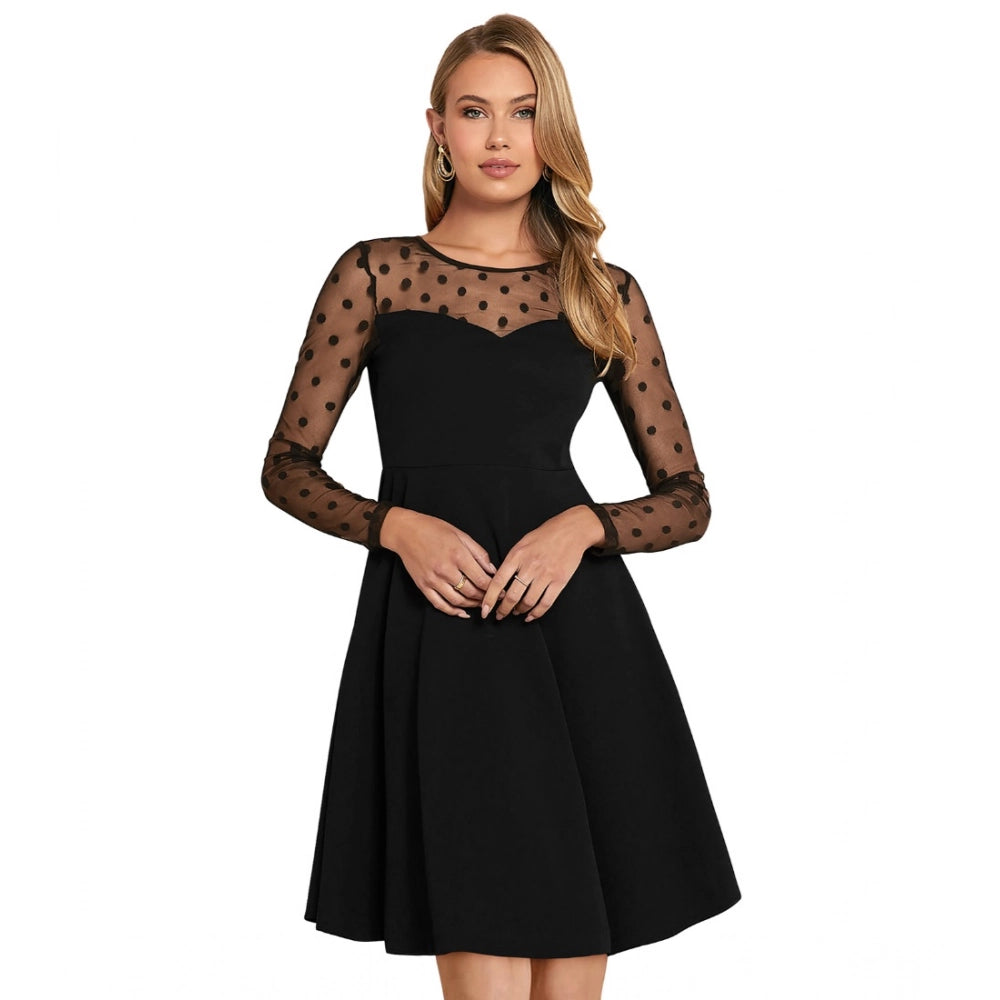 Generic Women's Knitting stretchable Solid Round Neck Full Sleeve Dress (Black)