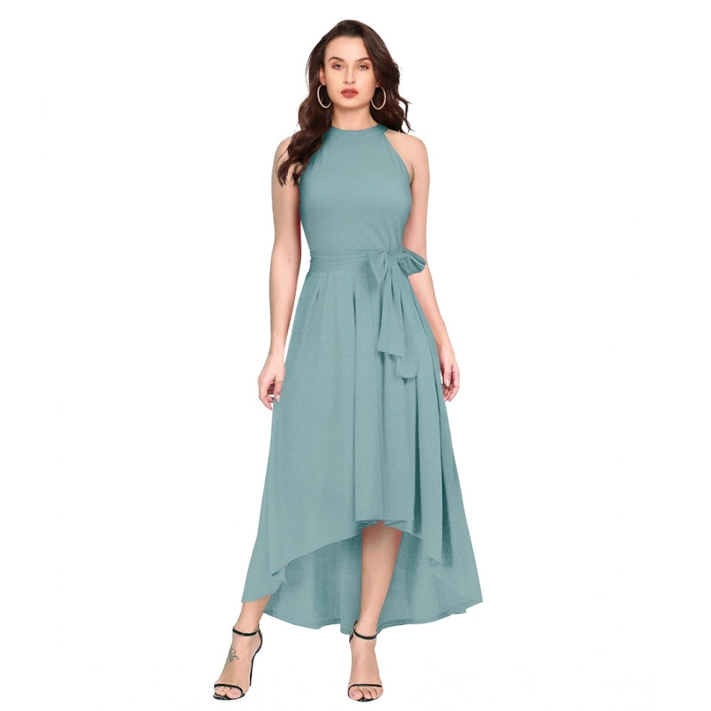 Generic Women's Polyester Solid Halter Neck Sleeveless Dress (Pista)